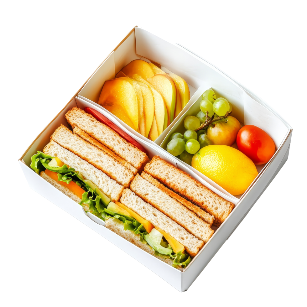 Healthy school breakfast box with sandwich and fresh fruits for childrens nutrition, Healthy School Breakfast Box with Sandwich and Fruit Isolated on transparent background png