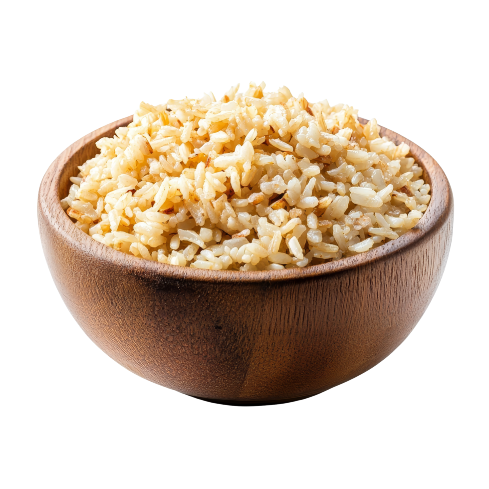 A rustic wood bowl filled with roasted rice grains on a clean transparent background, roasted rice in wood bowl isolated on transparent background png