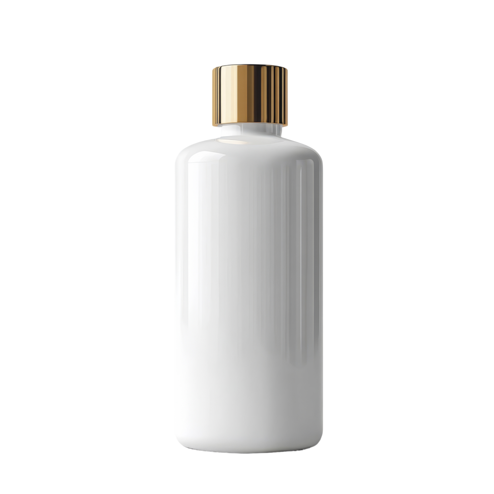 Elegant blank shampoo bottle with a gold cap positioned on a minimal transparent background in a modern setting, Luxury blank shampoo bottle on a transparent background png