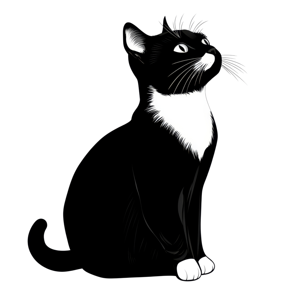 Cute black and transparent cat illustration sitting gracefully against a transparent background, black and transparent cat illustrationisolated on transparent png
