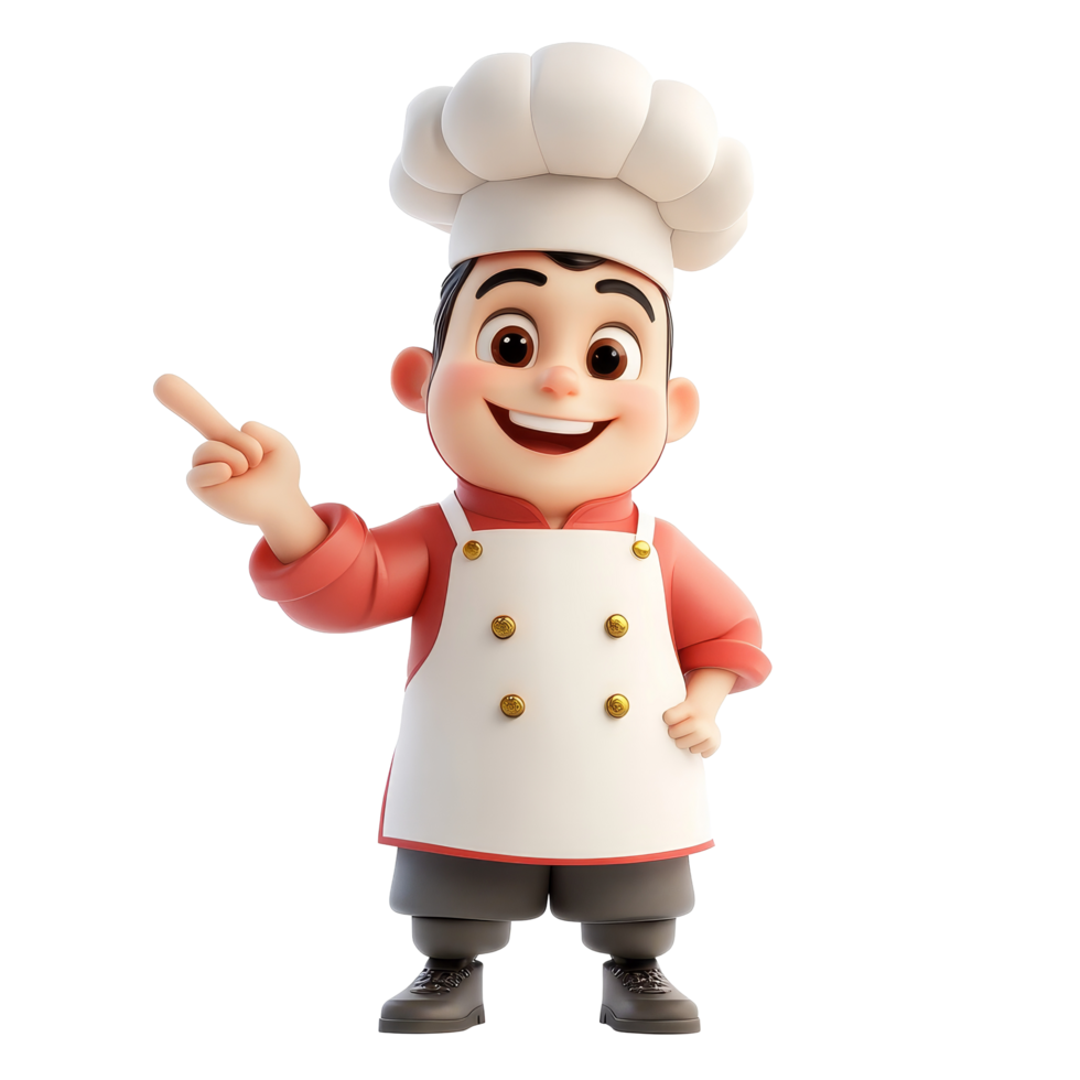 Cheerful cartoon chef character pointing against a transparent background while preparing food, 3D cartoon character chef on transparent background png