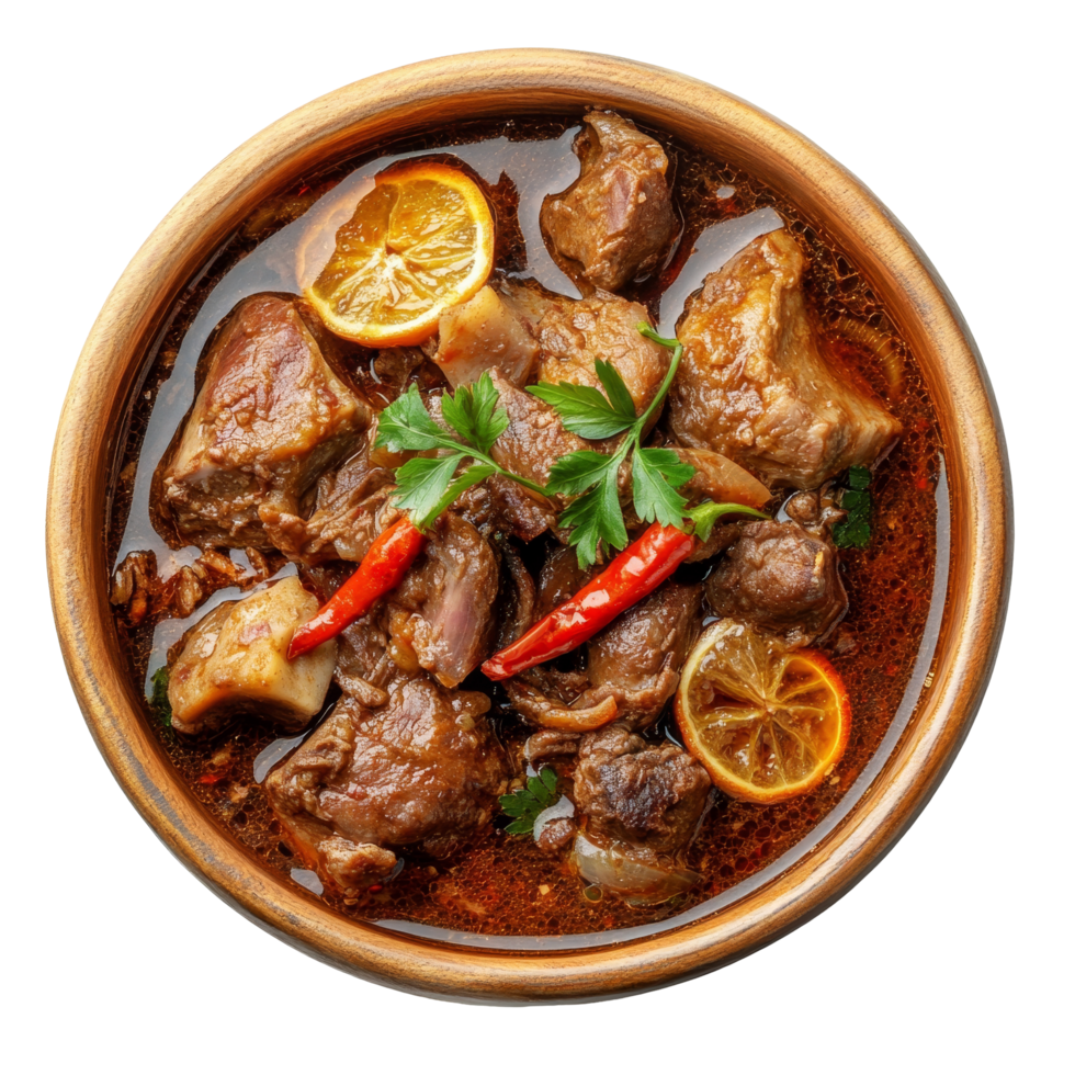 Traditional Semur Indonesian meat stew with spices and citrus served in a wooden bowl on a clean transparent background, Semur, Indonesian meat stew isolated on transparent background png