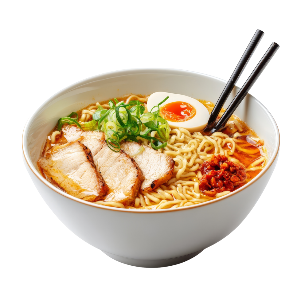 Delicious bowl of ramen with pork, egg, and green onions isolated on a transparent background, Delicious ramen bowl isolated on transparent background png