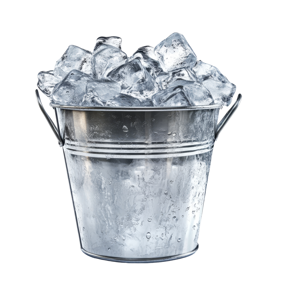 Chilled ice bucket filled with clear ice cubes on a bright transparent background ideal for summer beverages and celebrations, Chilled Ice Bucket on transparent background png
