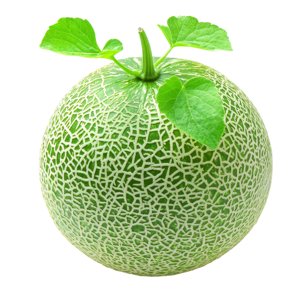 Fresh green melon with natural textures and leaves displayed on a clean transparent background, Fresh tasty green melon on a transparent background png