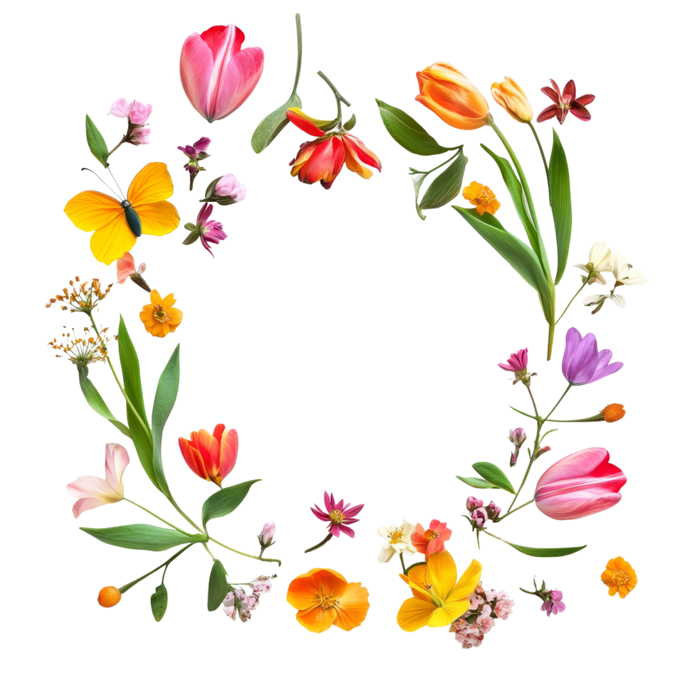 Spring flowers arranged in a circular layout showcasing vibrant colors and natures beauty on a transparent background, Hello Spring concept isolated on transparent background png