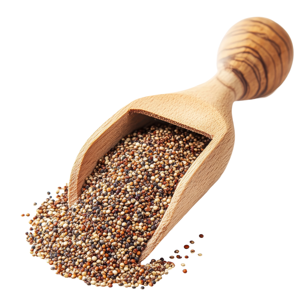 Quinoa seeds spilling from a wooden scoop on a clean transparent surface, Quinoa seeds in wood scoop on transparent background png