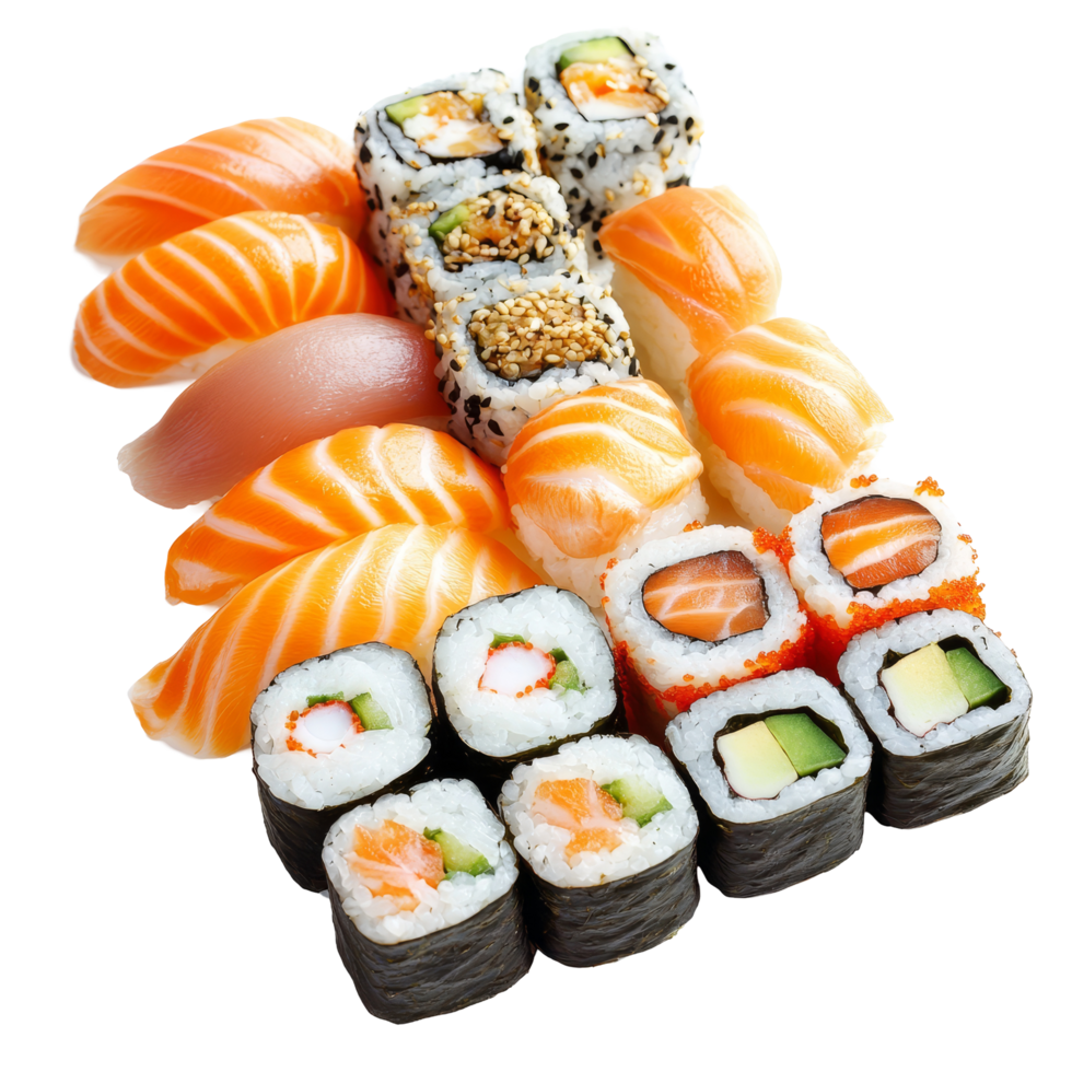 Colorful assortment of fresh sushi varieties on a bright transparent background ready for a delicious meal, Fresh tasty sushi on a transparent background png