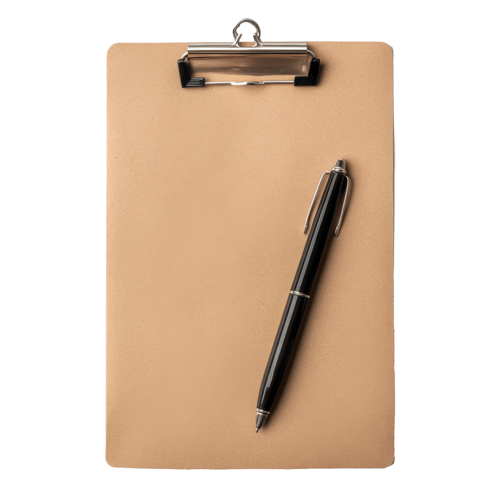 A small brown clipboard accompanied by a pen on a clean surface ready for notes or a checklist in an office environment, Small brown clipboard with pen. Single clipboardwriting board with papers png
