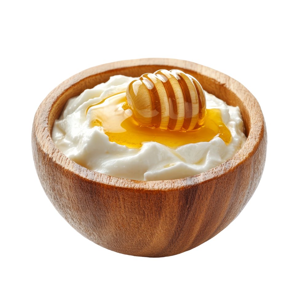 Delicious honey drizzled over creamy yogurt served in a rustic wooden bowl on a bright transparent background, Honey with yogurt in a wooden bowl on a transparent background png