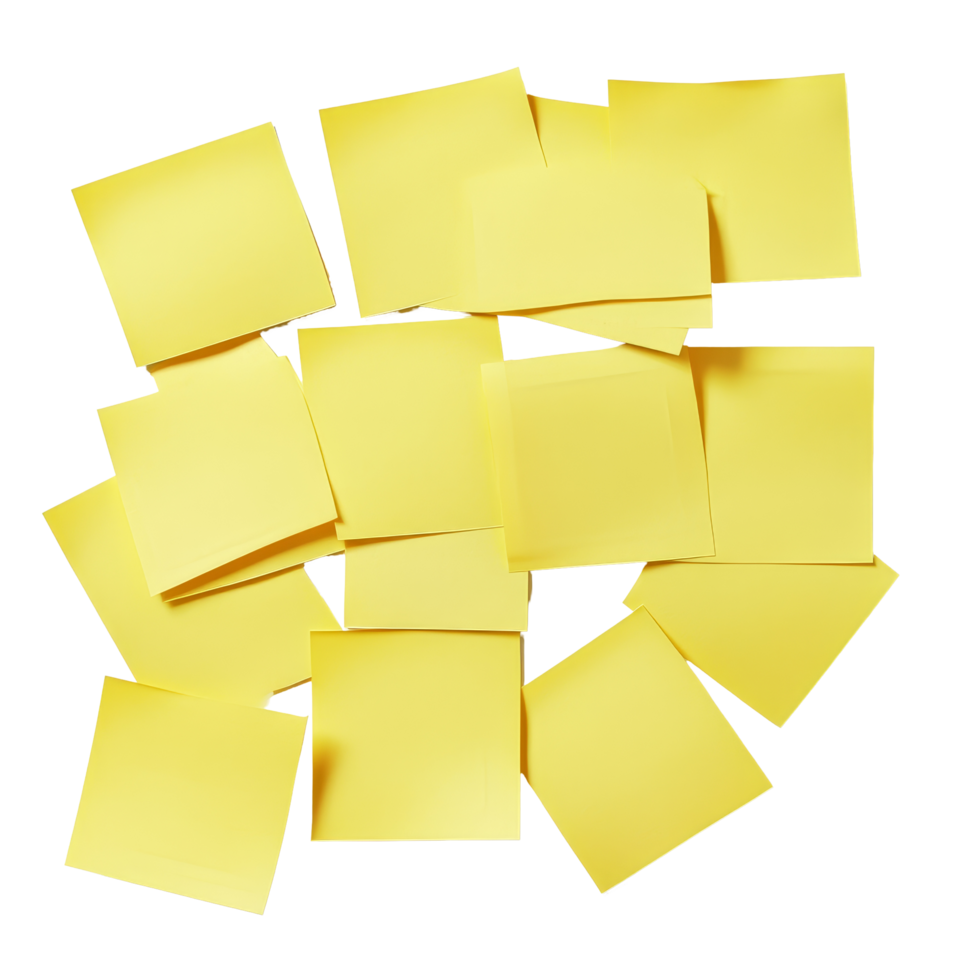 A collection of yellow sticky notes scattered on a transparent background showcasing blank surfaces for writing, yellow sticky post it notes isolated on transparent background png