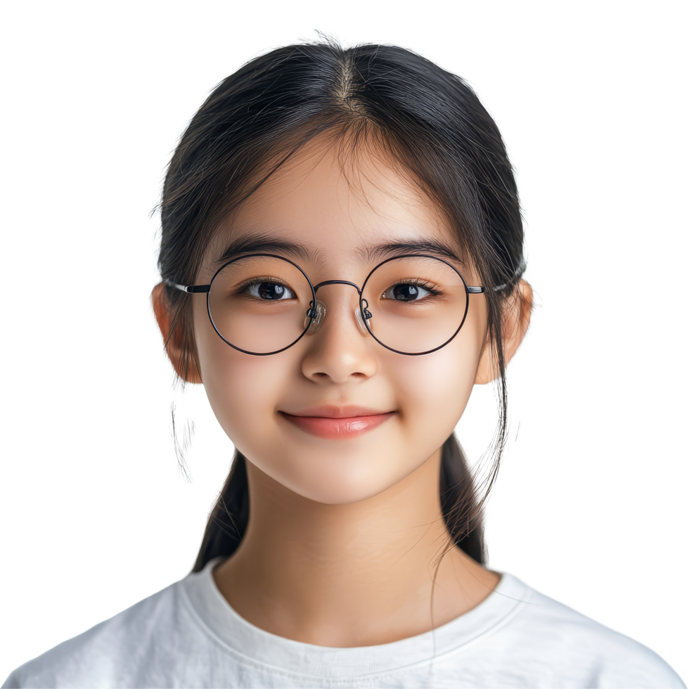 Young Asian student girl with glasses smiling happily while posing for a portrait in a bright indoor setting, Young Asian student girl wearing glasses isolated on transparent background png