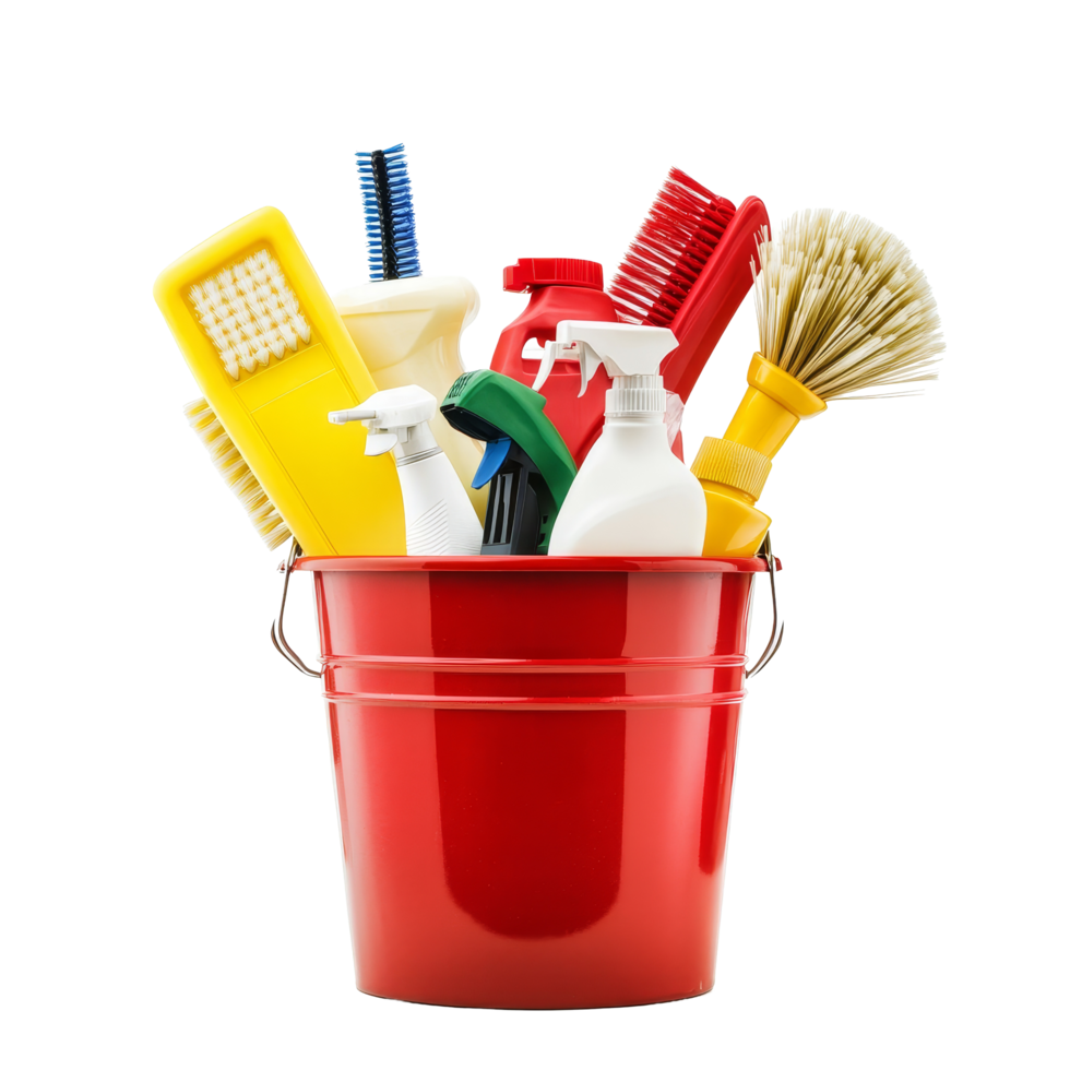 Cleaning supplies and tools arranged in a red bucket on a transparent background for effective home maintenance and cleaning tasks, Cleaning Supplies and Tools in Bucket on transparent background png