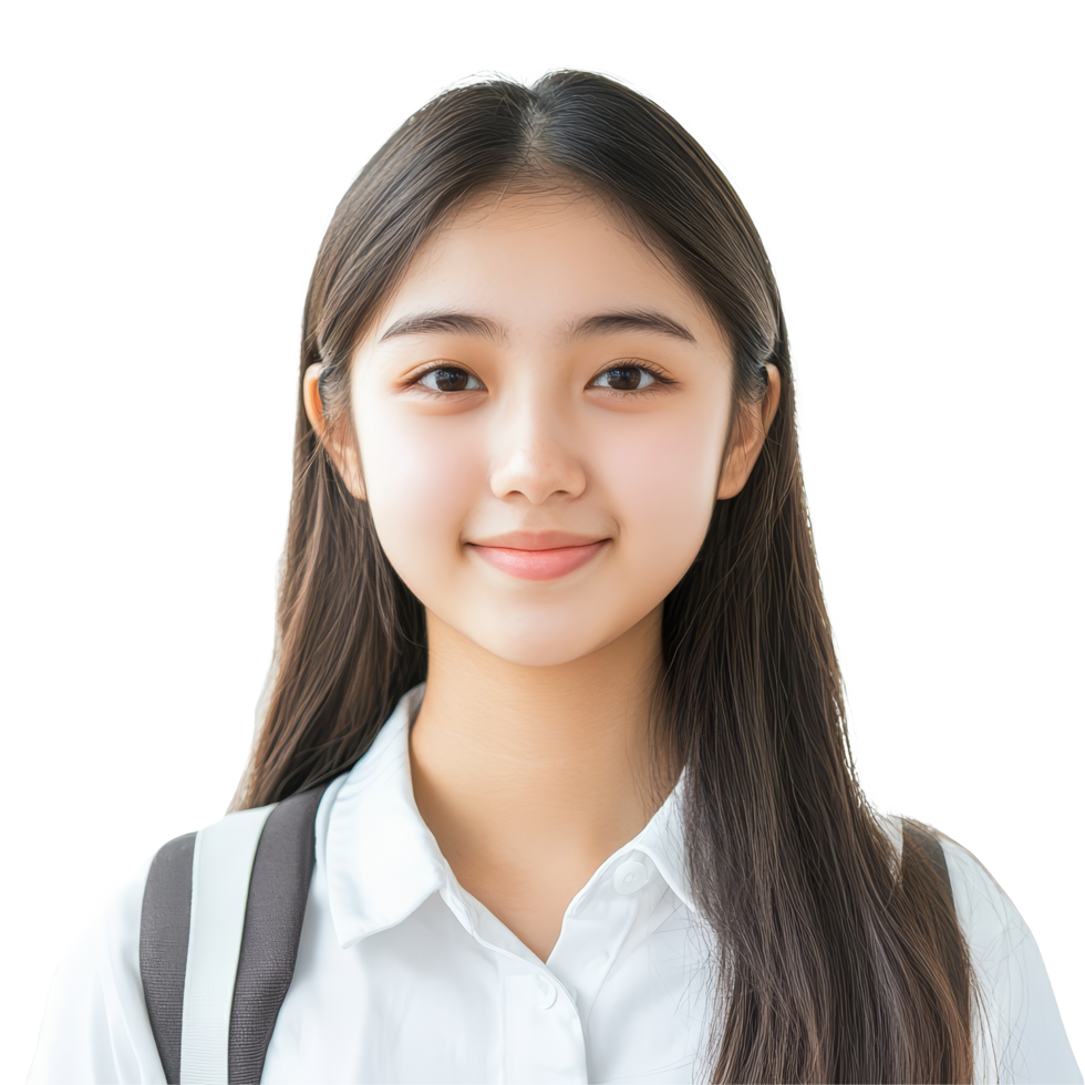 A young Asian female student stands confidently with a smile, dressed in a casual shirt and a backpack, young asian female student isolated on transparent background png