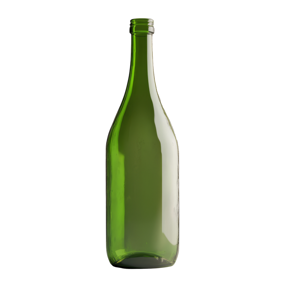 A green glass bottle without a cap sits upright on a neutral background in a minimalistic setup, Green bottle no cap png