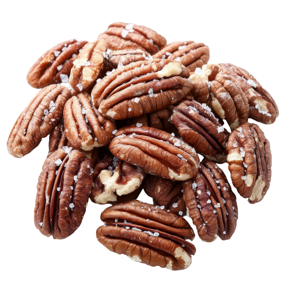 Salted pecan nuts arranged beautifully on a clean transparent background for a simple yet elegant look, Pecan nuts topped with light salt isolated on transparent background png