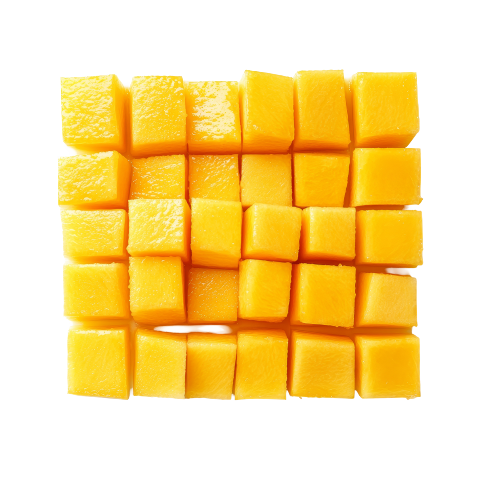 Fresh mango slices cut into perfect cubes on a transparent background showcasing vibrant yellow color and texture, Mango slice cut to cubes isolated on transparent background png