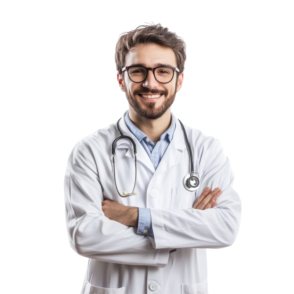Smiling doctor in a transparent coat with stethoscope poses confidently for healthcare portrait in a bright setting, Professional doctor, medicine and healthcare concept, isolated png