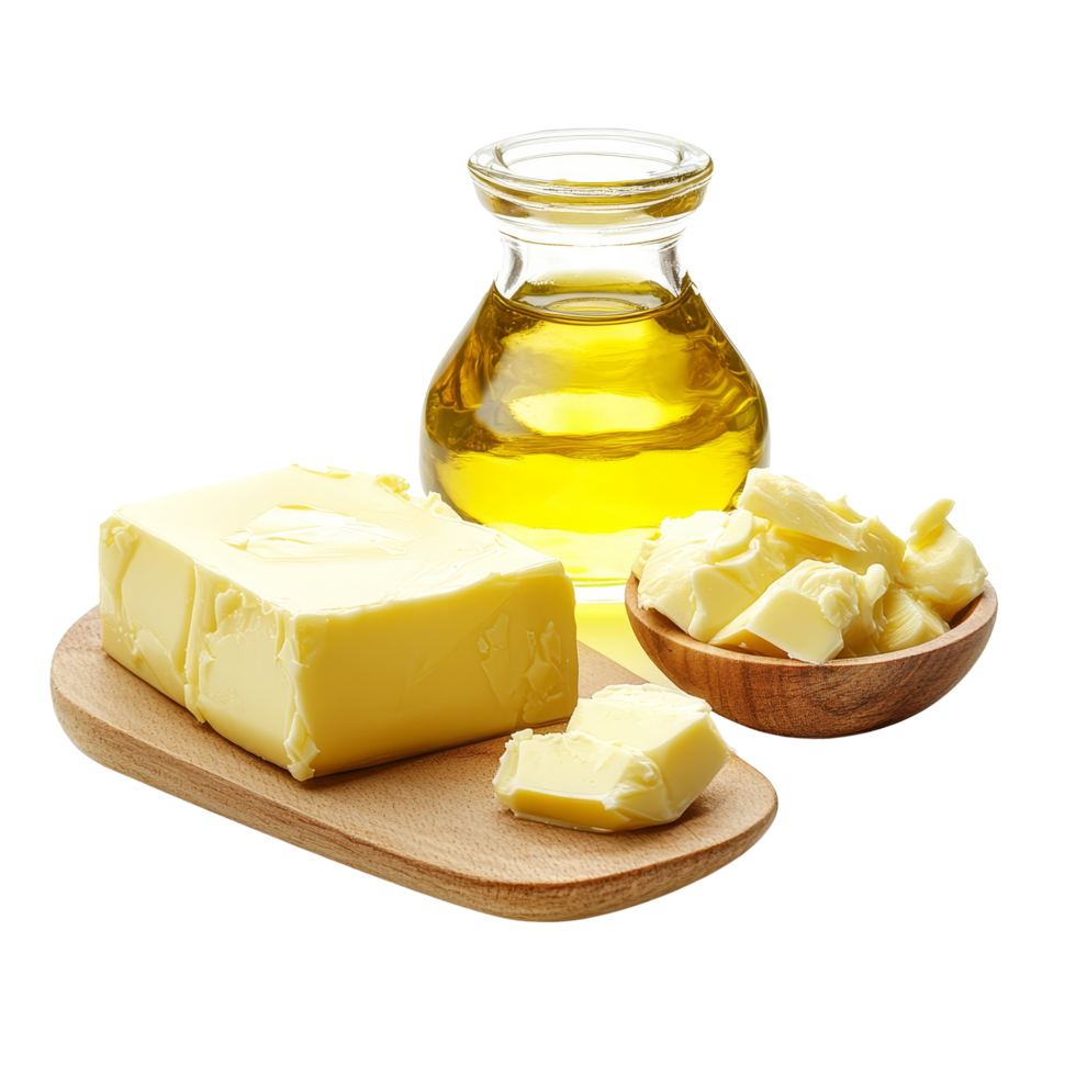 Butter, margarine, and oil displayed on a wooden board with surrounding ingredients in a clean setting, Butter, margarine and oil isolated png
