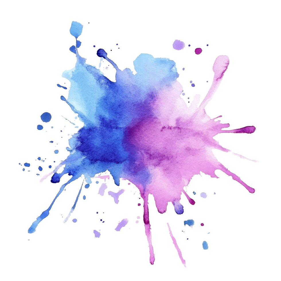 A vibrant purple and blue watercolor splash isolated on a clean transparent background for artistic and design purposes, purple blue splash isolated on transparent background png