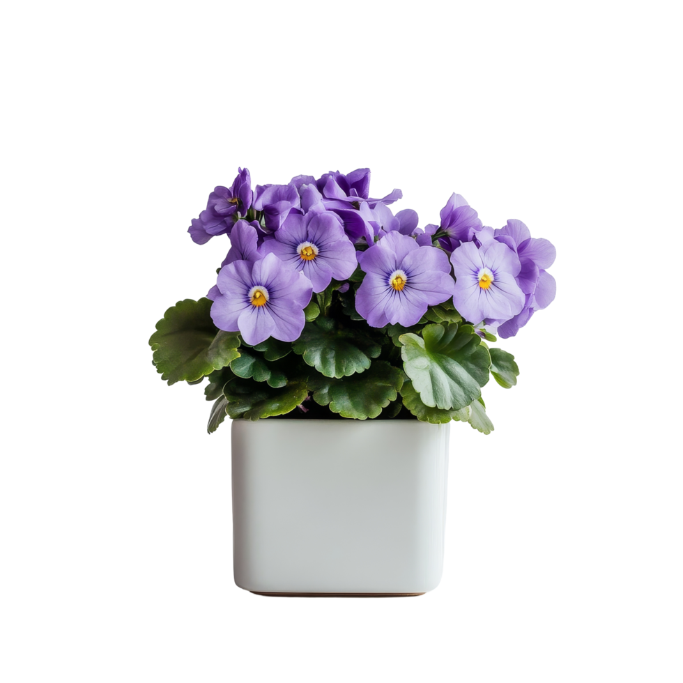 A vibrant African Violet in a square ceramic pot adds color to any indoor space, African Violet plant displayed in square ceramic pot isolated on solid transparent background png