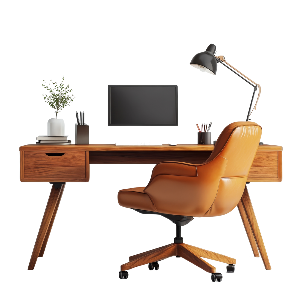 Stylish wooden workspace with a leather armchair, desk lamp, and modern computer setup in a minimalist environment, Stylish Wooden Workspace with Leather Armchair and Modern Lamp on transparent png