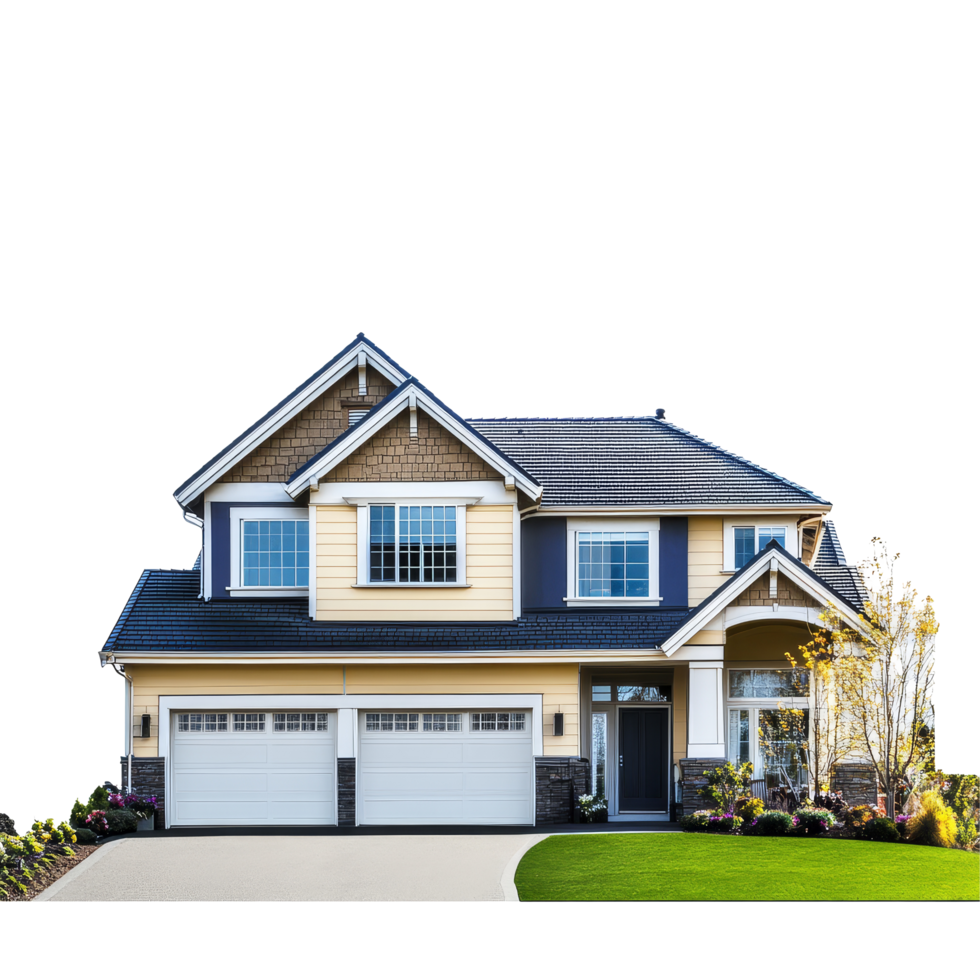 Stylish twostory family home with modern design and spacious garage in a suburban neighborhood, file no background Real estate promotional banner with copy space png
