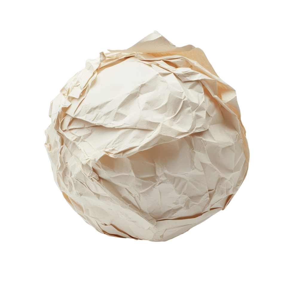 Crumpled recycled paper ball resting on a clean transparent background in a minimalist setting, paper ball Crumpled piece of recycled paper on transparent backgroundfile png