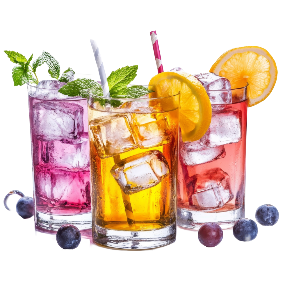 Refreshing summer drinks adorned with ice and fruit slices, perfect for hot days by the pool or beach, Summer drinks with ice on transparent background png