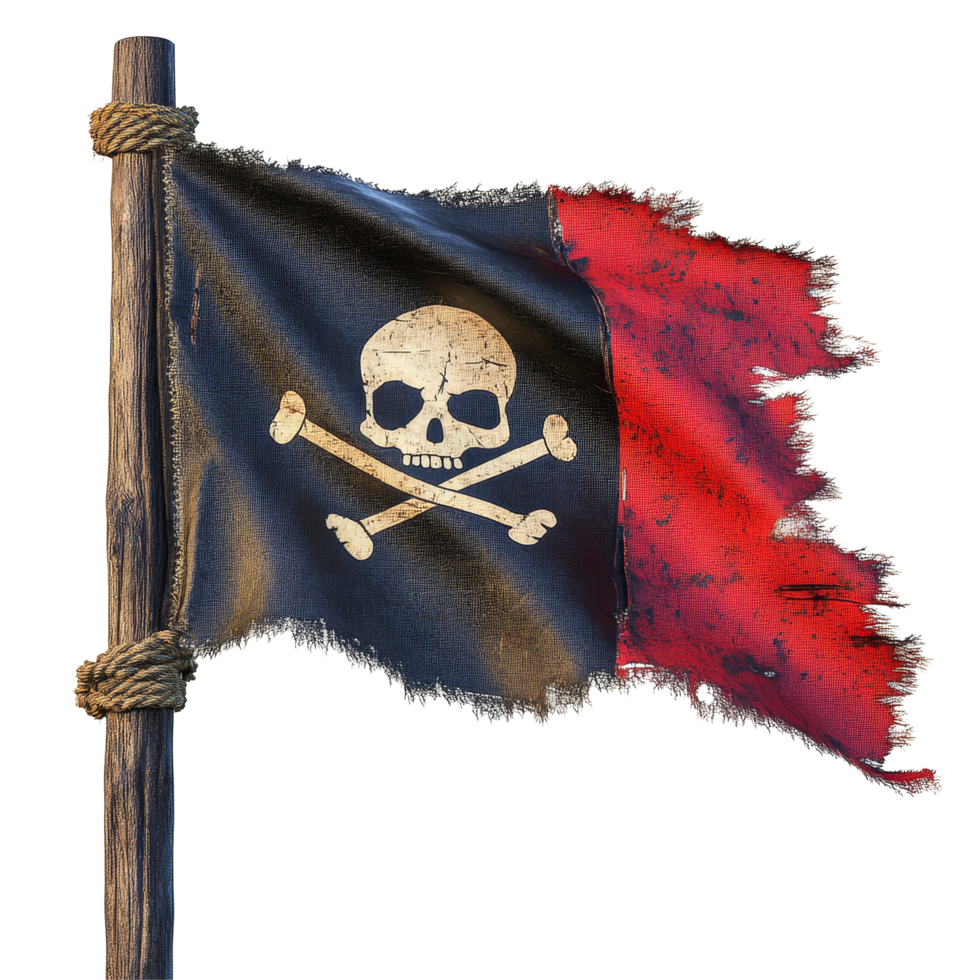 The flag features a classic skull and crossbones design, tattered and worn, signifying a pirates presence, Pirate flag isolated on transparent background png