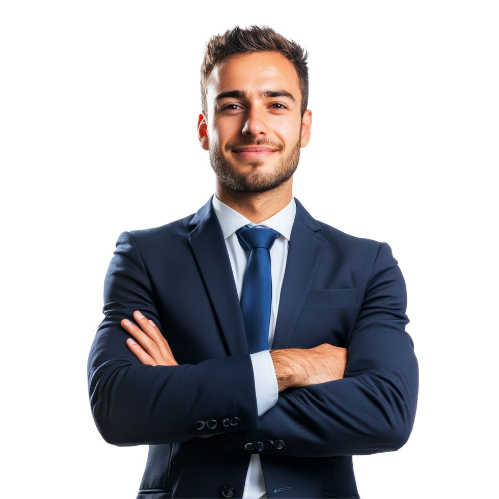 Young businessman confidently standing with arms crossed against a transparent background, ready for opportunities, Young business man isolated on transparent background png