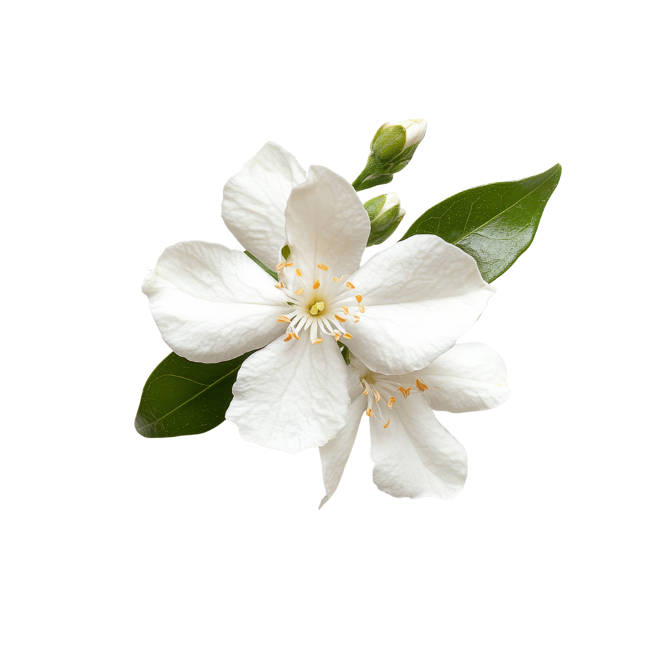 Delicate jasmine flower with green leaves displayed beautifully on a transparent background, Jasmine flower isolated on transparent background png