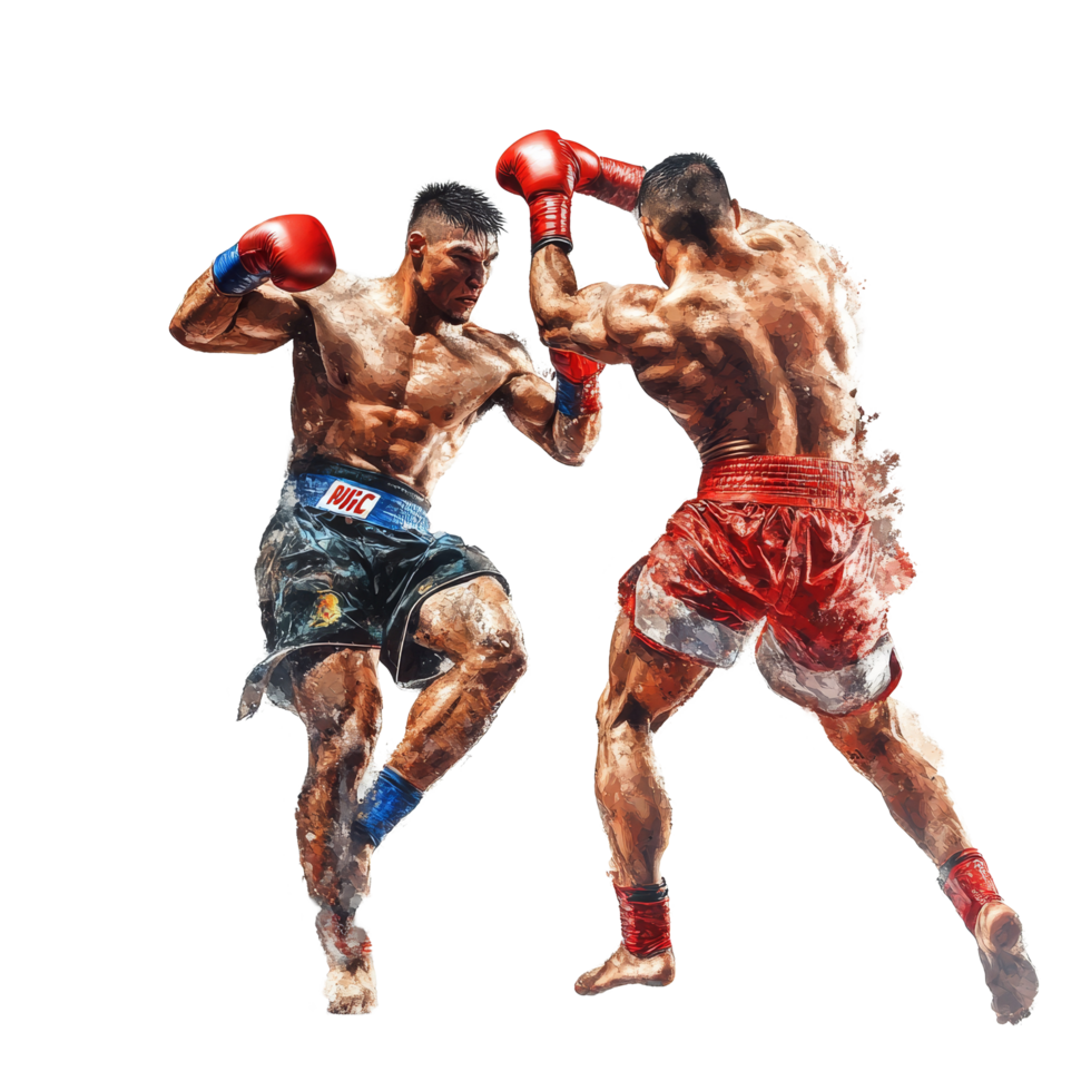 Muay Thai fighters engage in an intense competition on a transparent background showcasing skill and strength, Muay Thai Fighters in Action on transparent background png