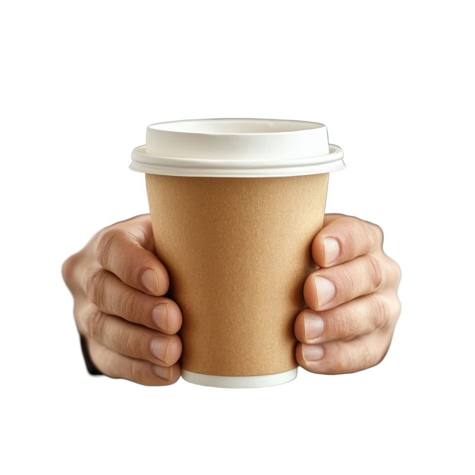 A man in a gray shirt holding a paper coffee cup against a light background during daytime, A man holding a paper cup of coffee on transparent backgroundfile png