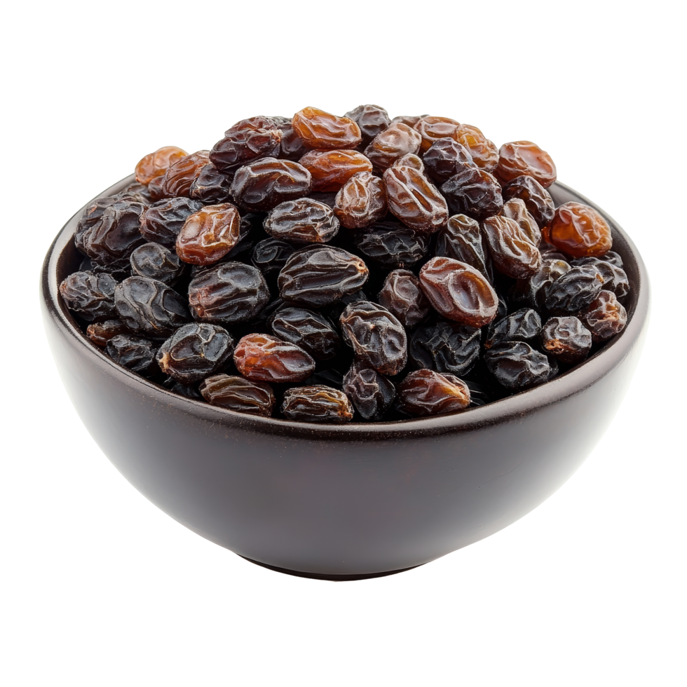 A bowl of assorted raisins showcasing dark and light varieties set against a transparent background, Bowl of raisin isolated png