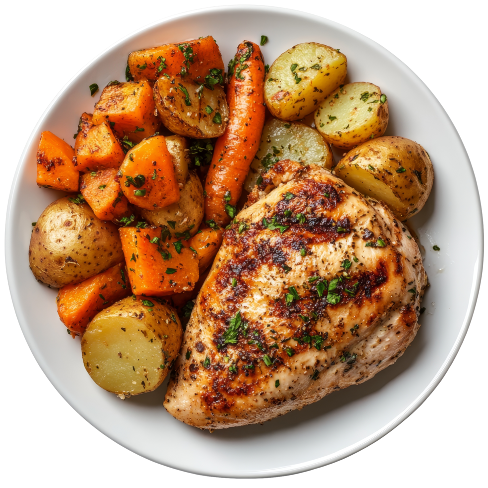 Delicious grilled chicken with roasted carrots and potatoes served on a transparent plate for a healthy meal, Healthy meal with carrot, potatoes and chicken on transparent background png
