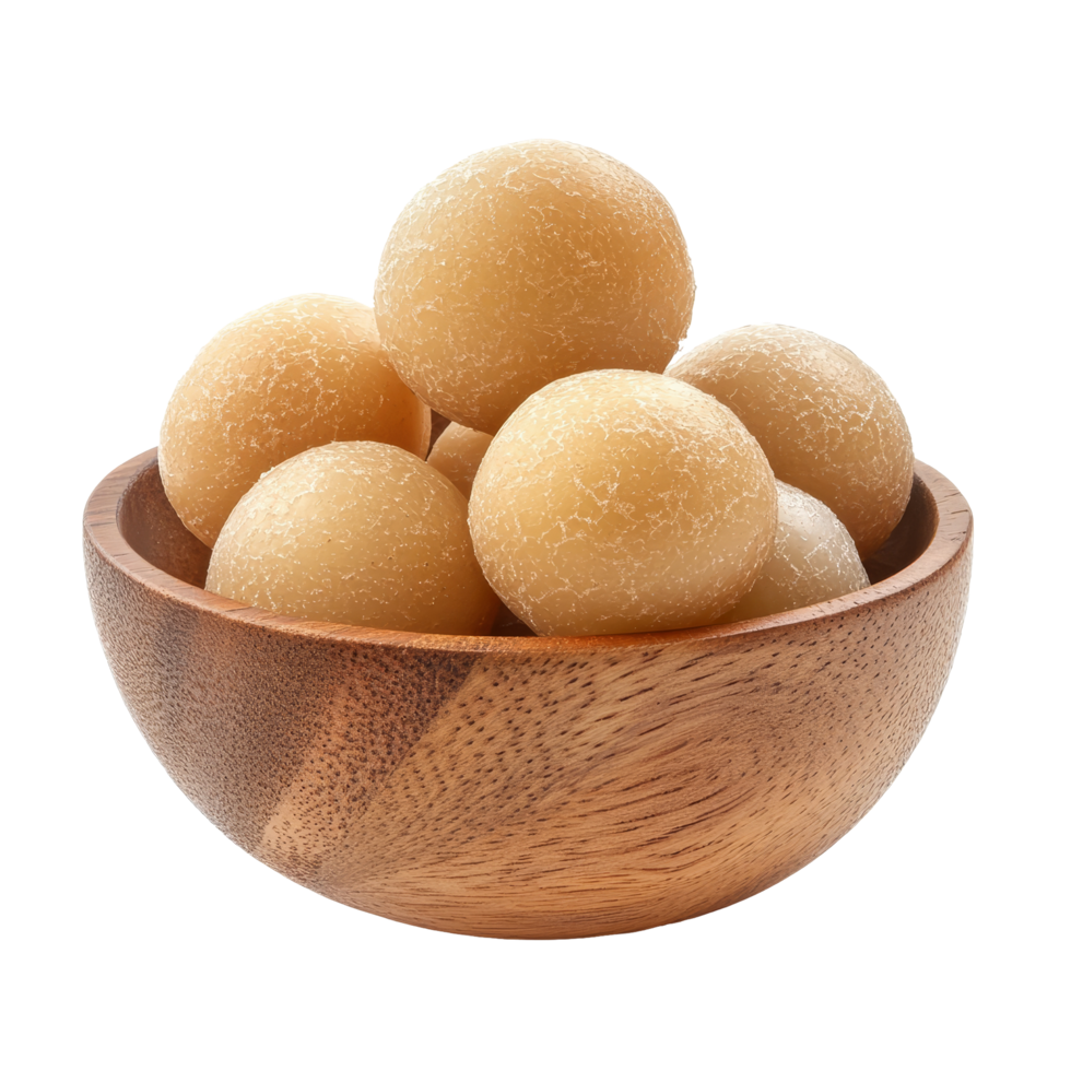 Fresh longan fruit in a wooden bowl on a transparent background ready for delicious snacking and culinary use, fresh longan in wood bowl isolated on transparent background png