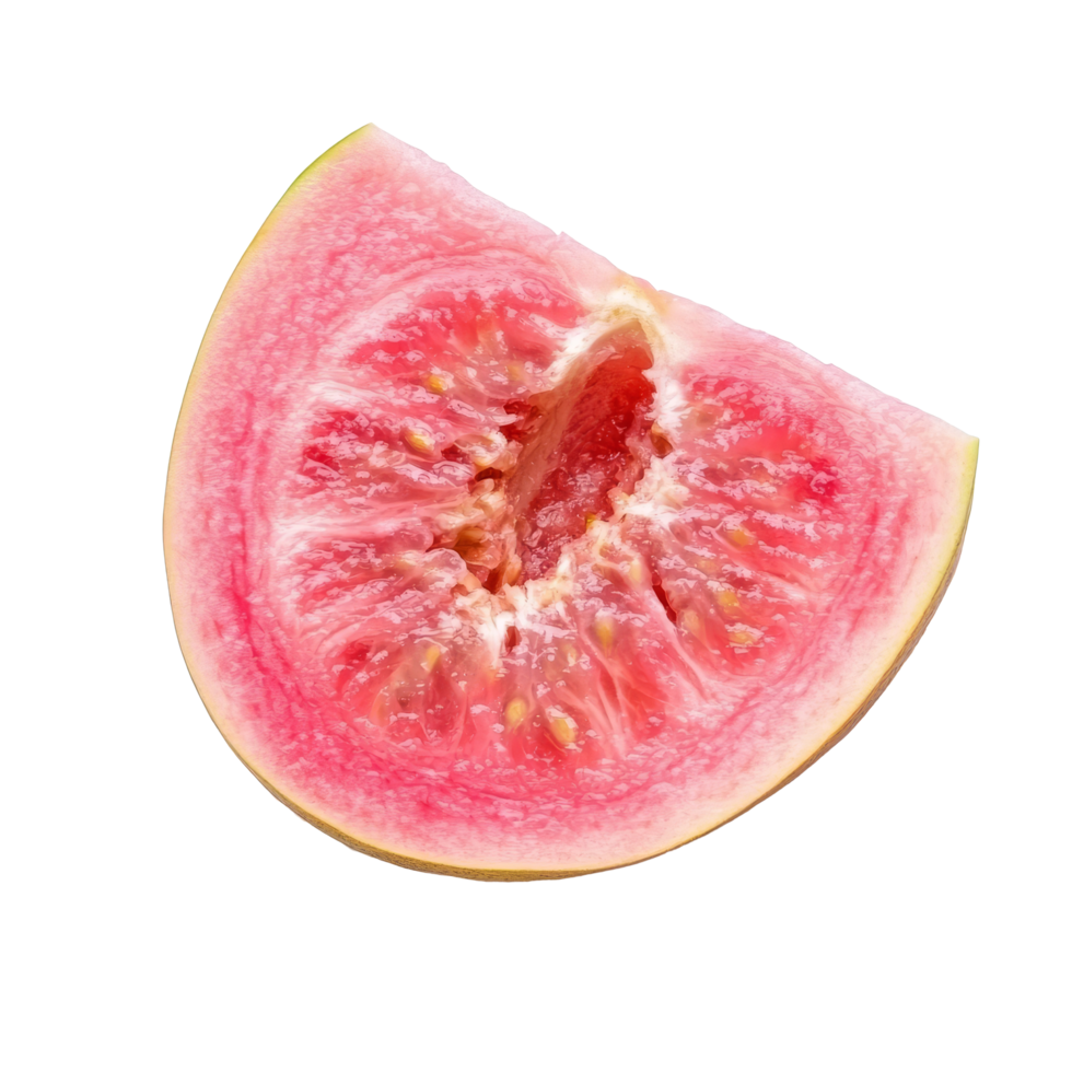 Fresh pink guava fruit slice isolated on a clean transparent background showcasing its vibrant color and texture, pink guava fruit slice isolated on transparent background png