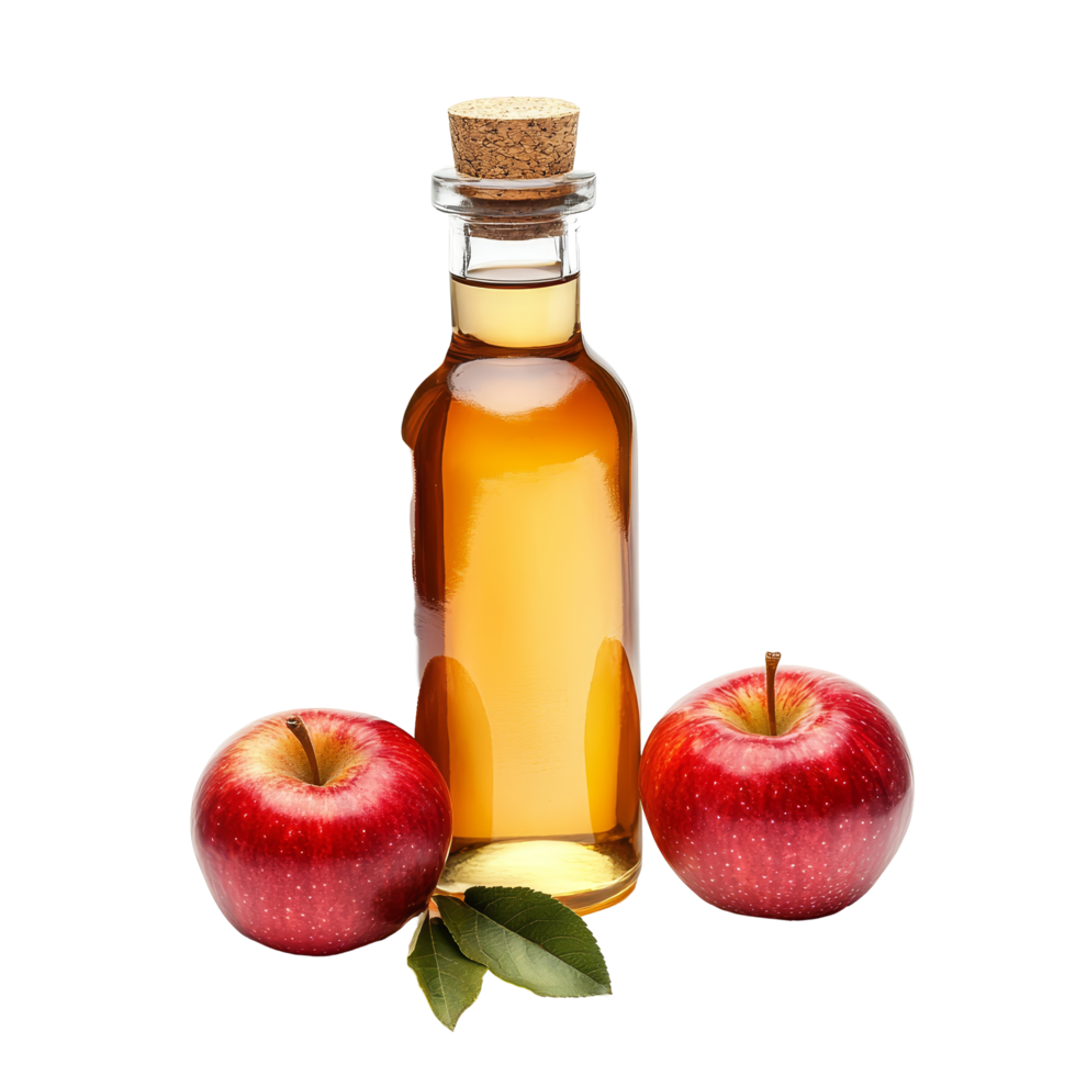 Bottle of apple cider vinegar with fresh red apples and green leaves on a transparent background, Bottle of apple cider vinegar with fresh red apples png