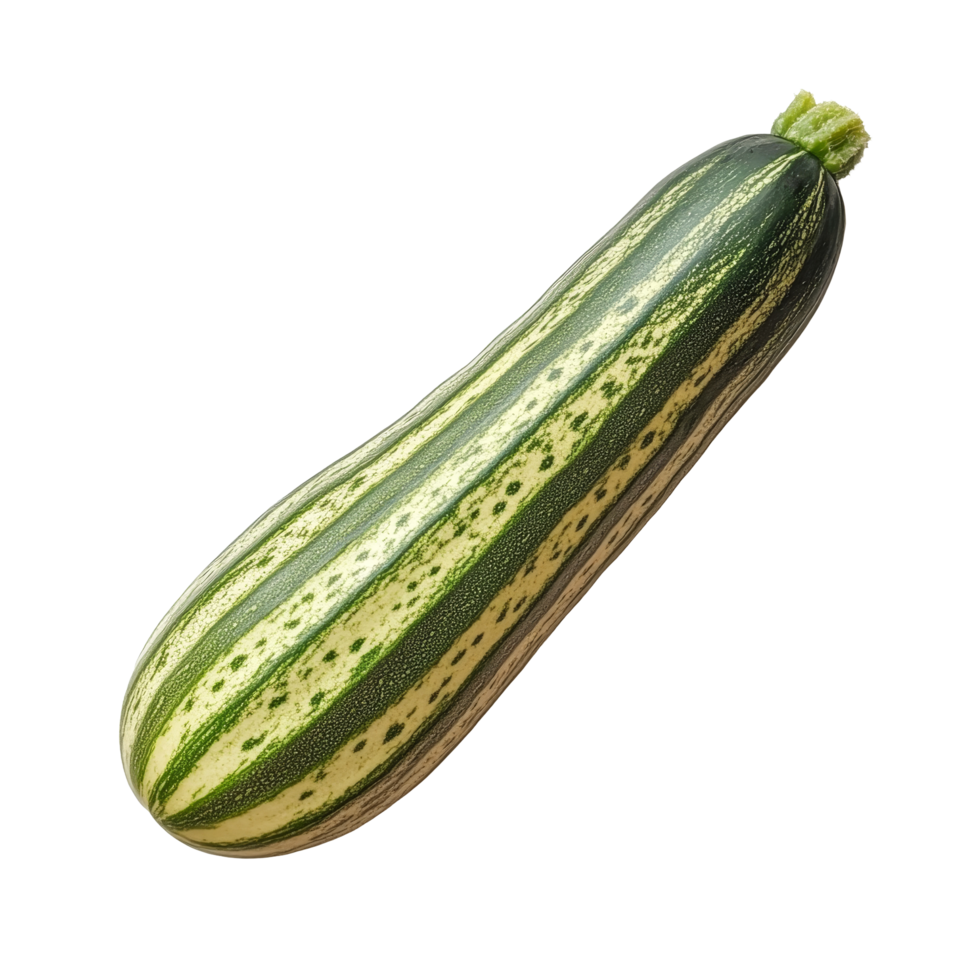 Striped cucumber with green and yellow skin placed on a clean transparent background, showcasing its unique texture and shape, striped cucumber on transparent background png