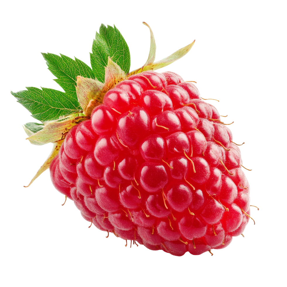 A solitary raspberry displaying vibrant red color and delicate green leaves against a bright transparent background, Solitary raspberry isolated on transparent background png