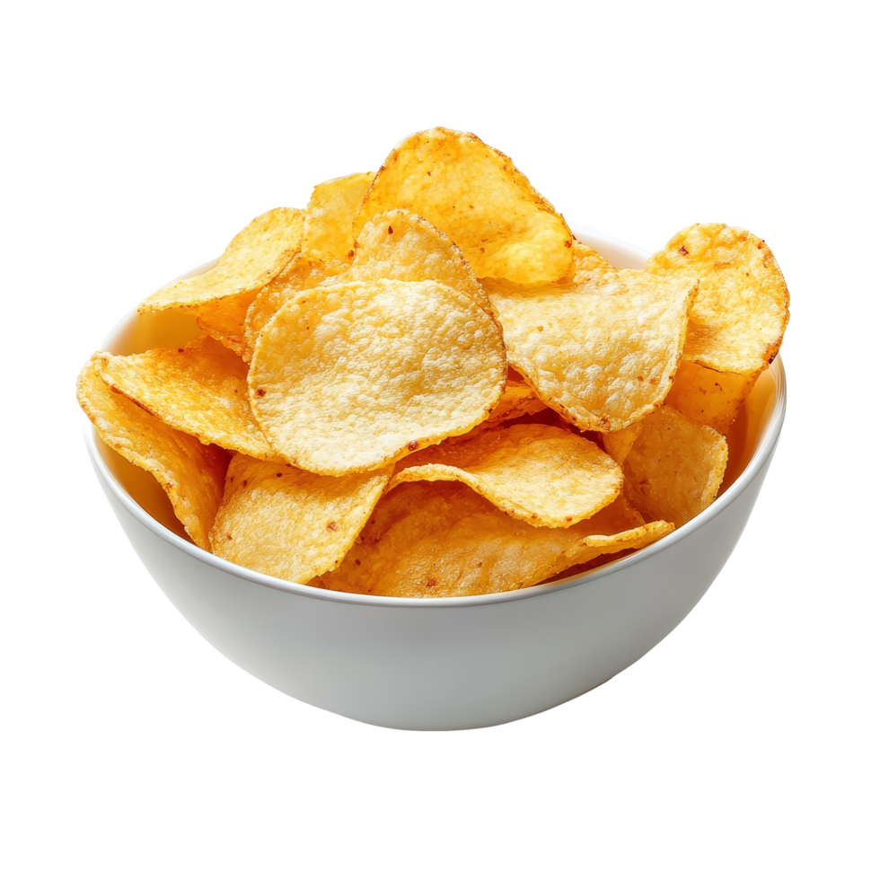 A bowl of crispy potato chips ready for snacking on a clean transparent background, Potato chips isolated png