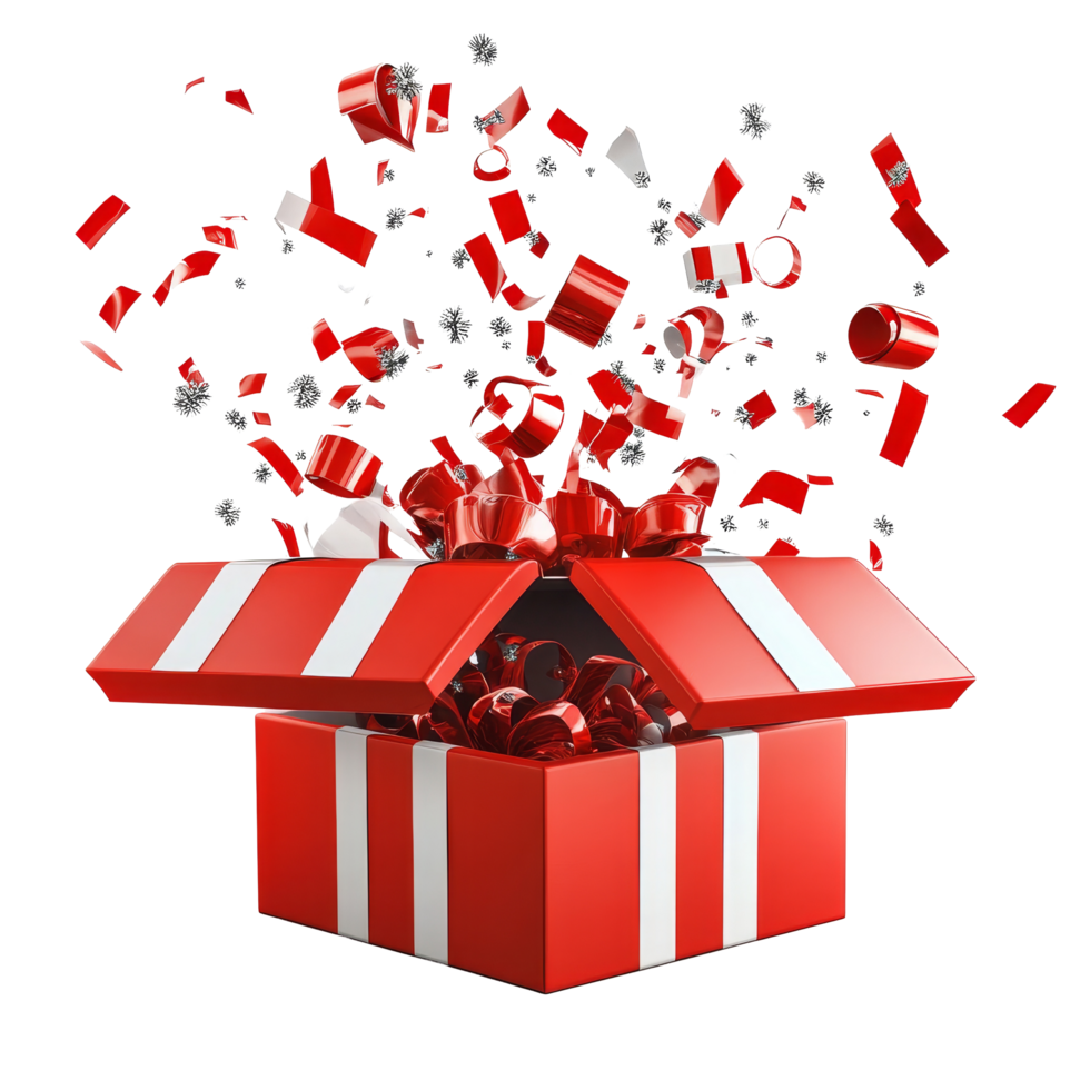 Colorful surprise gifts bursting from an open red box against a transparent background, Gifts bursting out from red open gift box over transparent background png
