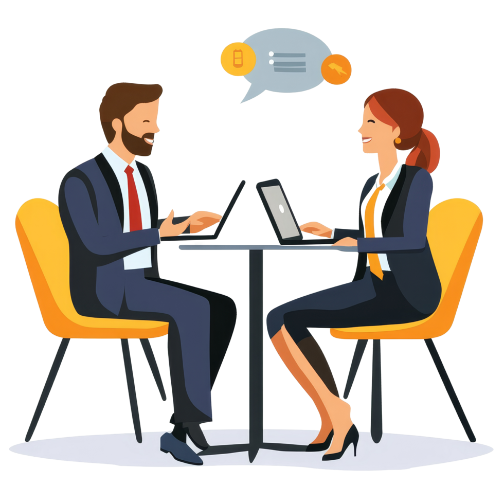 Business professionals engage in a productive discussion while using laptops in a modern office setting, file no background Business people talking together online png