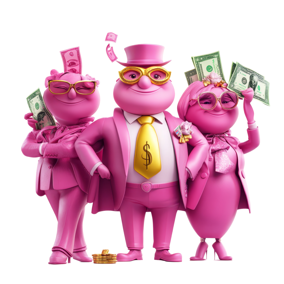 Colorful pink characters in luxury attire showcasing money and financial success against a transparent background, Pink Wealthy Characters with Money on transparent background png