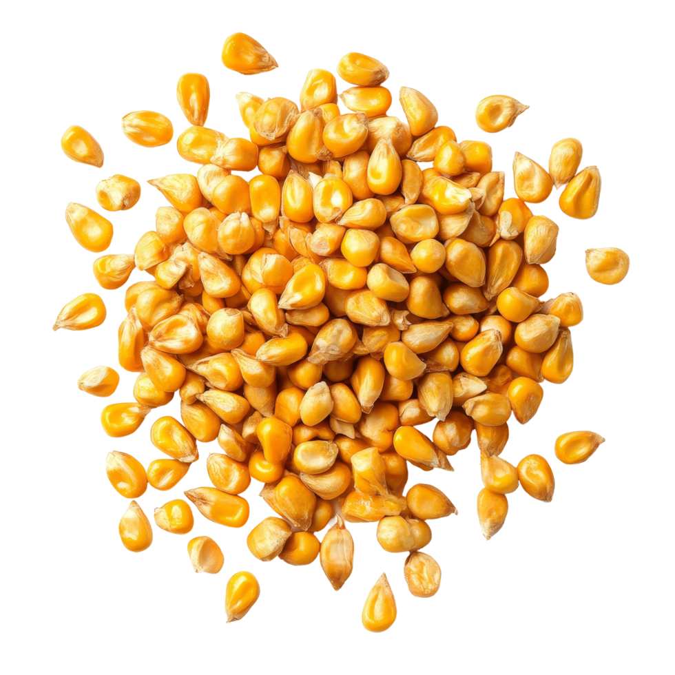 Isolated yellow corn seeds arranged on a transparent background showcasing their natural texture and color, Corn seeds isolated on transparent background png
