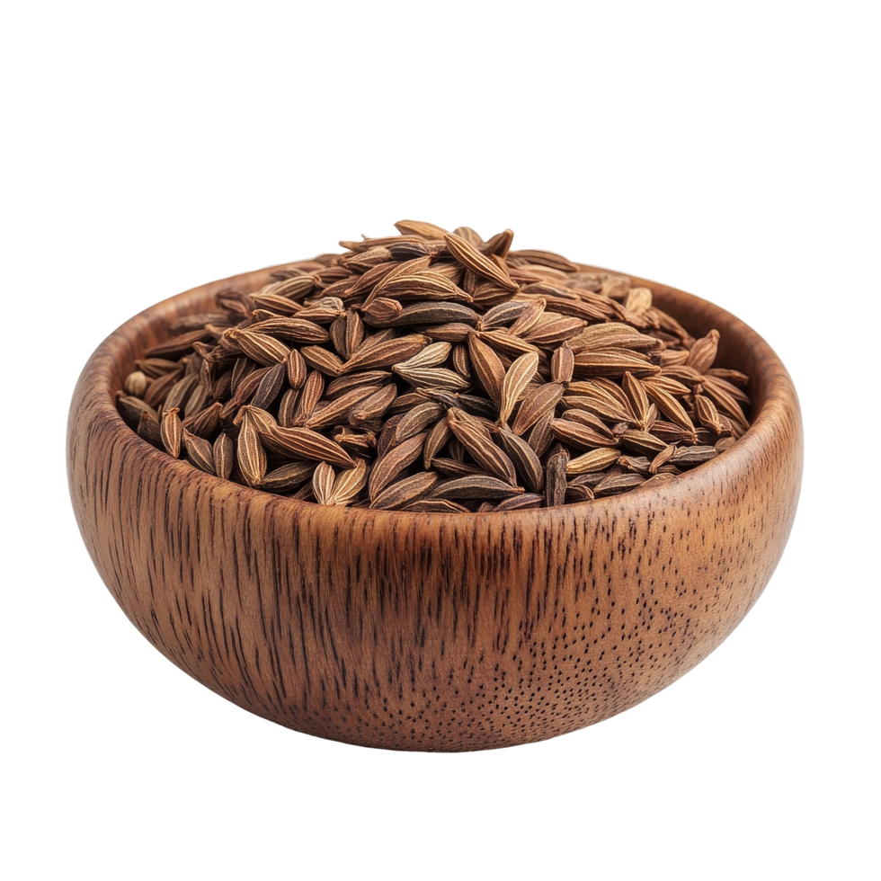 Caraway seeds in a wooden bowl on a transparent background showcasing the natural appeal of culinary spices, Caraway seeds in wood bowl isolated on transparent background png