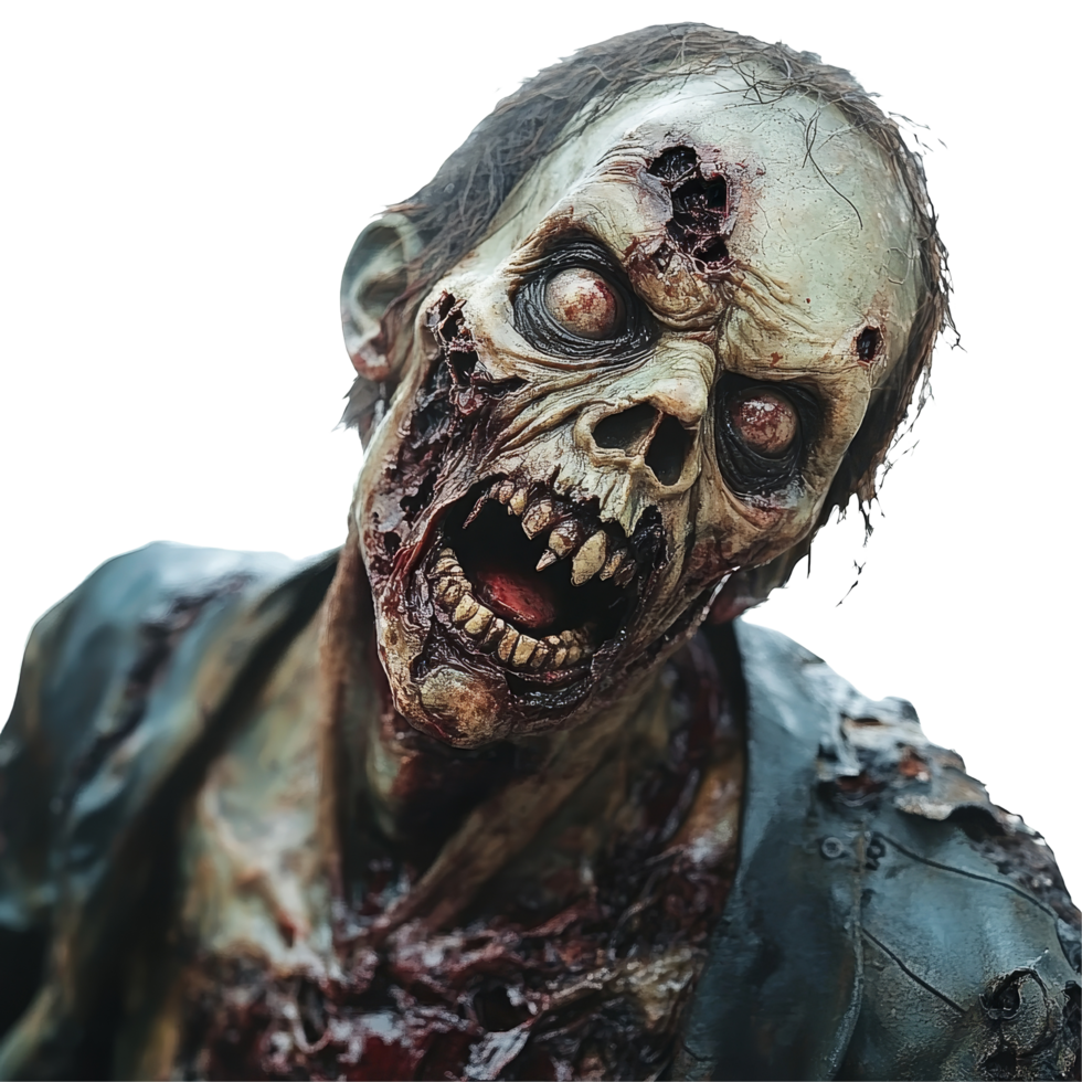 A terrifying zombie with decaying features and a haunting expression against a plain transparent background, Scary Zombie Horror Concept on transparent background png