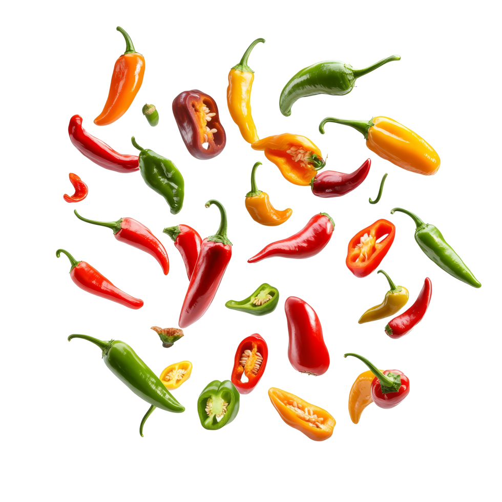 Colorful assortment of chillies floating in the air against a transparent background, Various chillies floating on the air isolated on transparent backgroud png