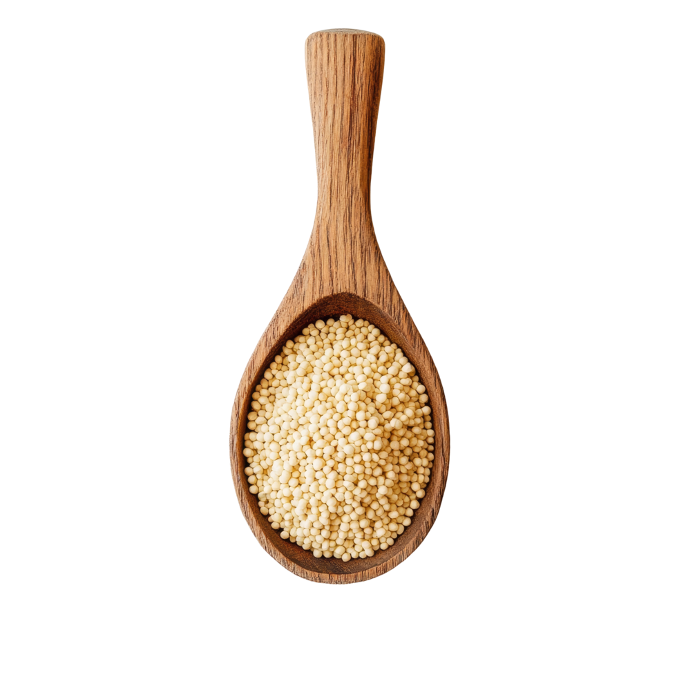 Millet grains in a wooden scoop on a transparent surface highlighting their neutral color and natural texture, Millet in wood scoop on transparent background png